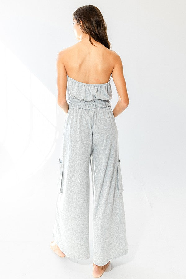 Gray For Days Drawstring Strapless Jumpsuit
