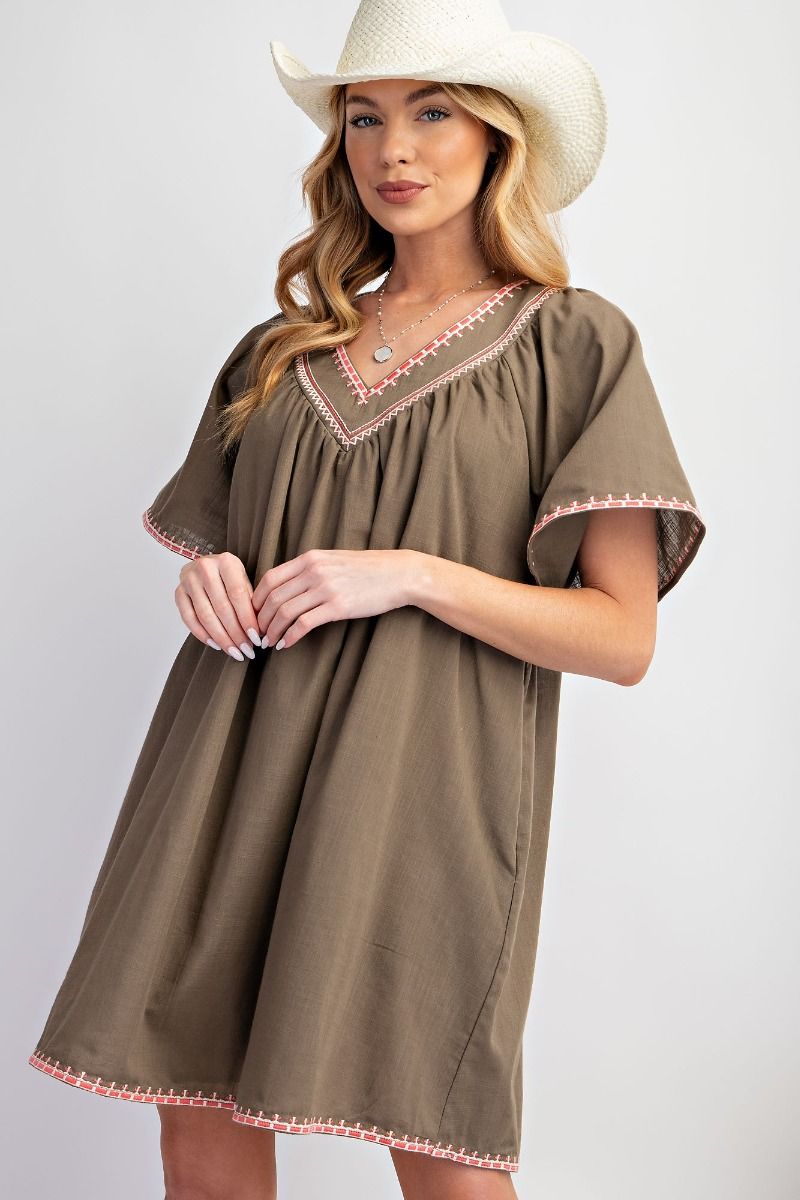 EASEL EMBROIDERED NECK COTTON LINEN DRESS