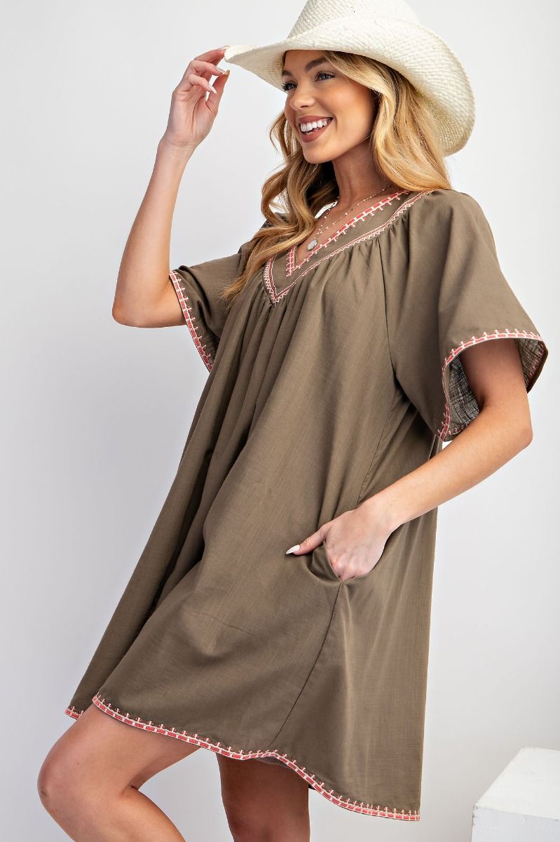 EASEL EMBROIDERED NECK COTTON LINEN DRESS