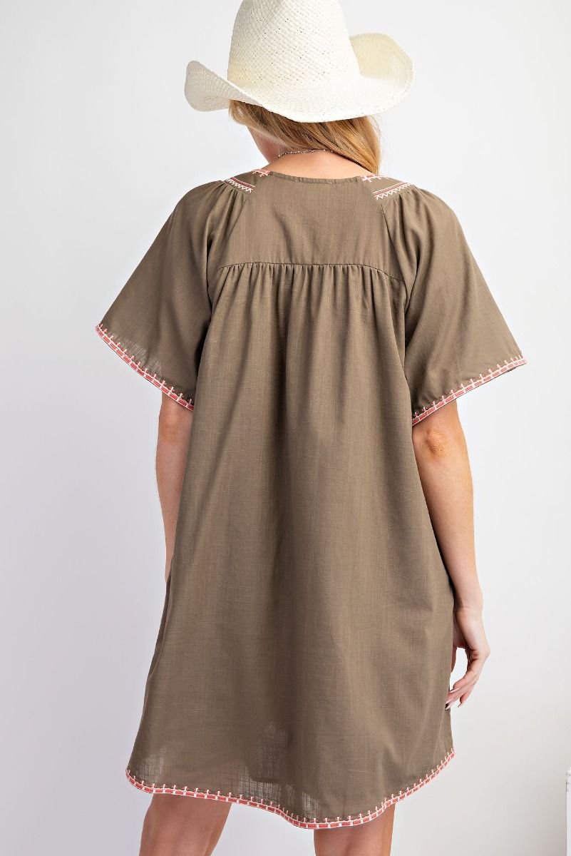 EASEL EMBROIDERED NECK COTTON LINEN DRESS