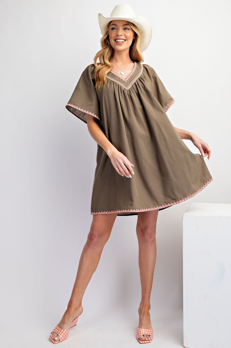 EASEL EMBROIDERED NECK COTTON LINEN DRESS