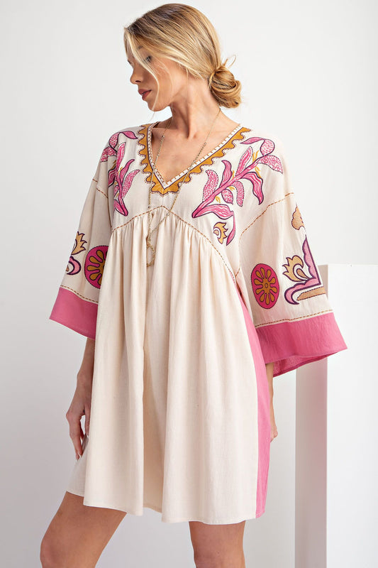 Easel BOHO EMBROIDERED LINEN WOVEN DRESS Pink