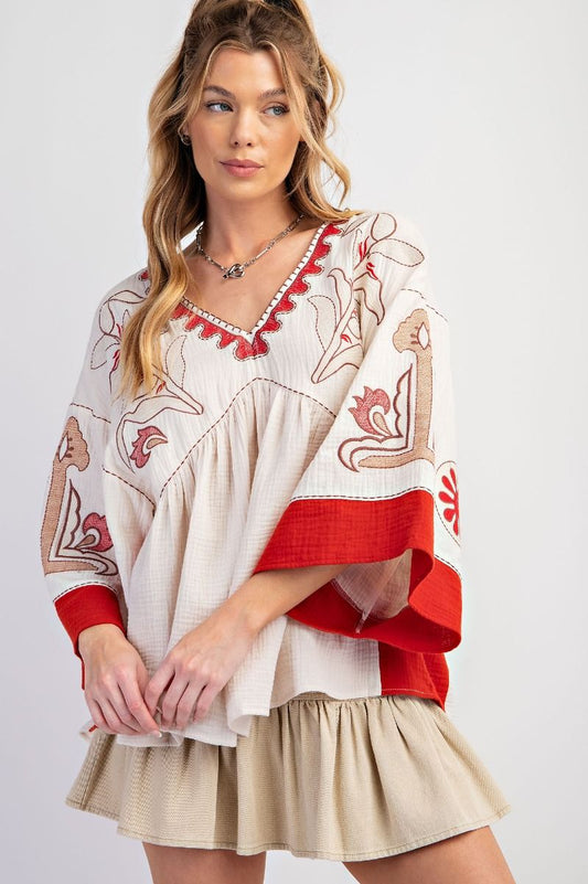 EMBROIDERY BABYDOLL WOVEN TOP CRIMSON