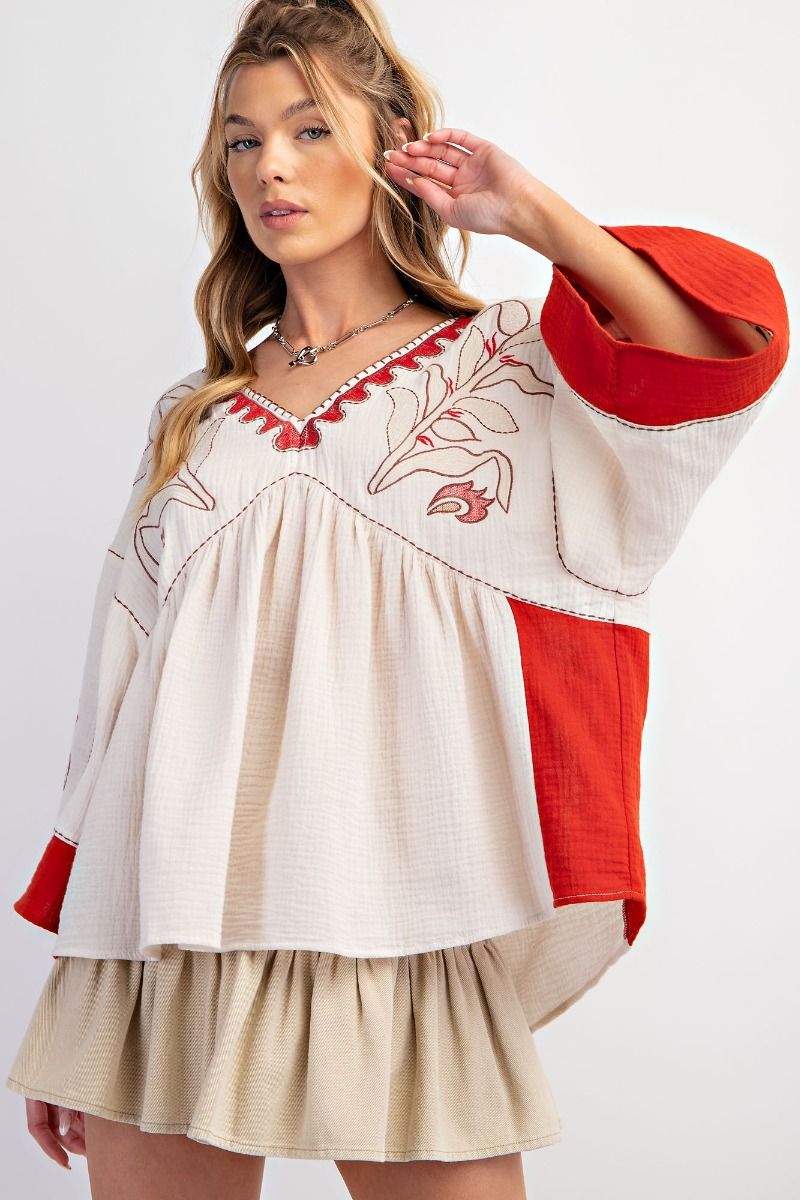 EMBROIDERY BABYDOLL WOVEN TOP CRIMSON