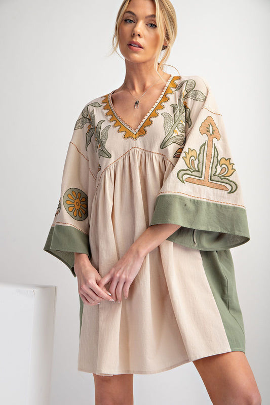 Easel BOHO EMBROIDERED LINEN WOVEN DRESS Olive