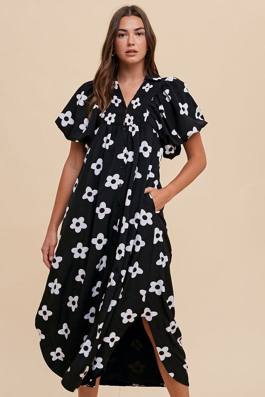 FLORAL PRINT SMOCK SHIRT STYLE MIDI DRESS