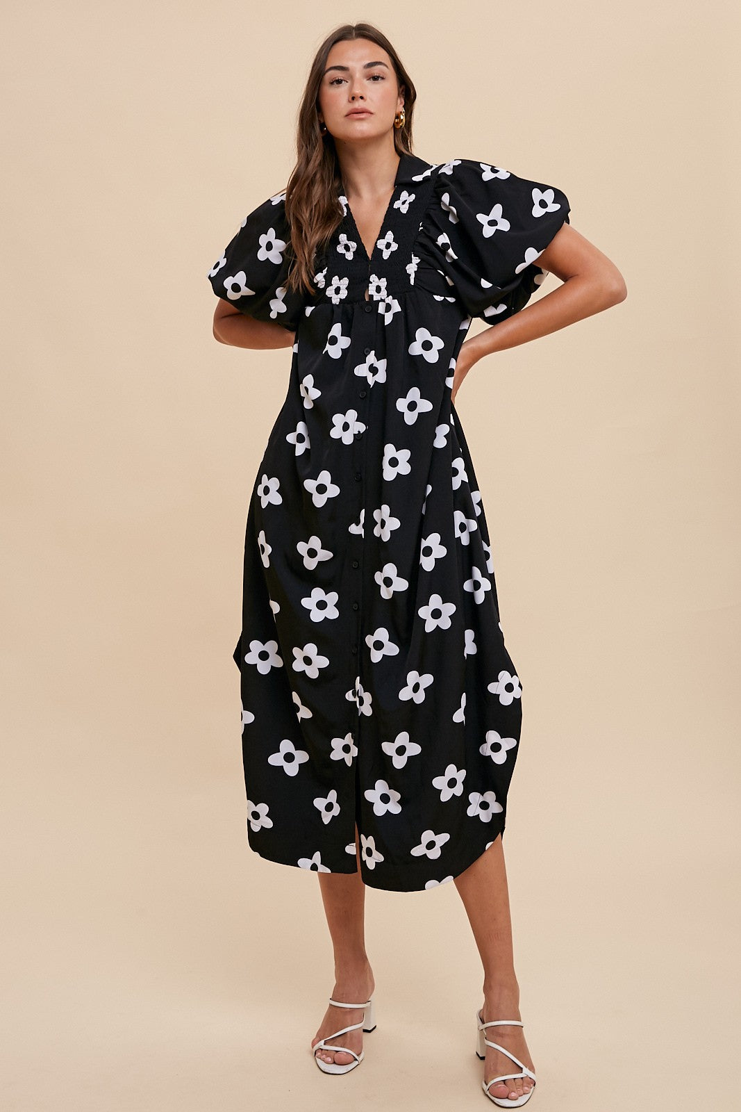 FLORAL PRINT SMOCK SHIRT STYLE MIDI DRESS