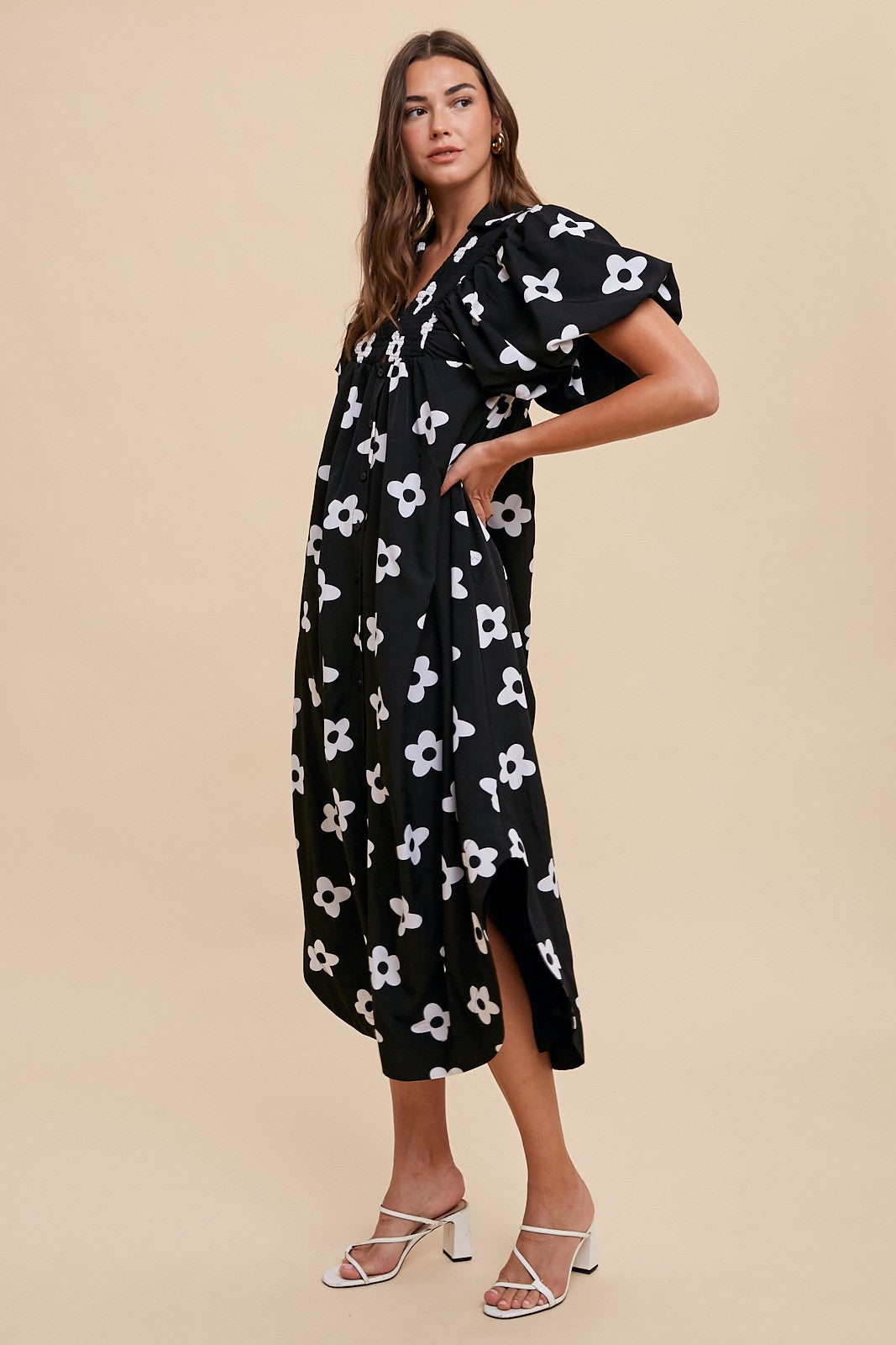 FLORAL PRINT SMOCK SHIRT STYLE MIDI DRESS
