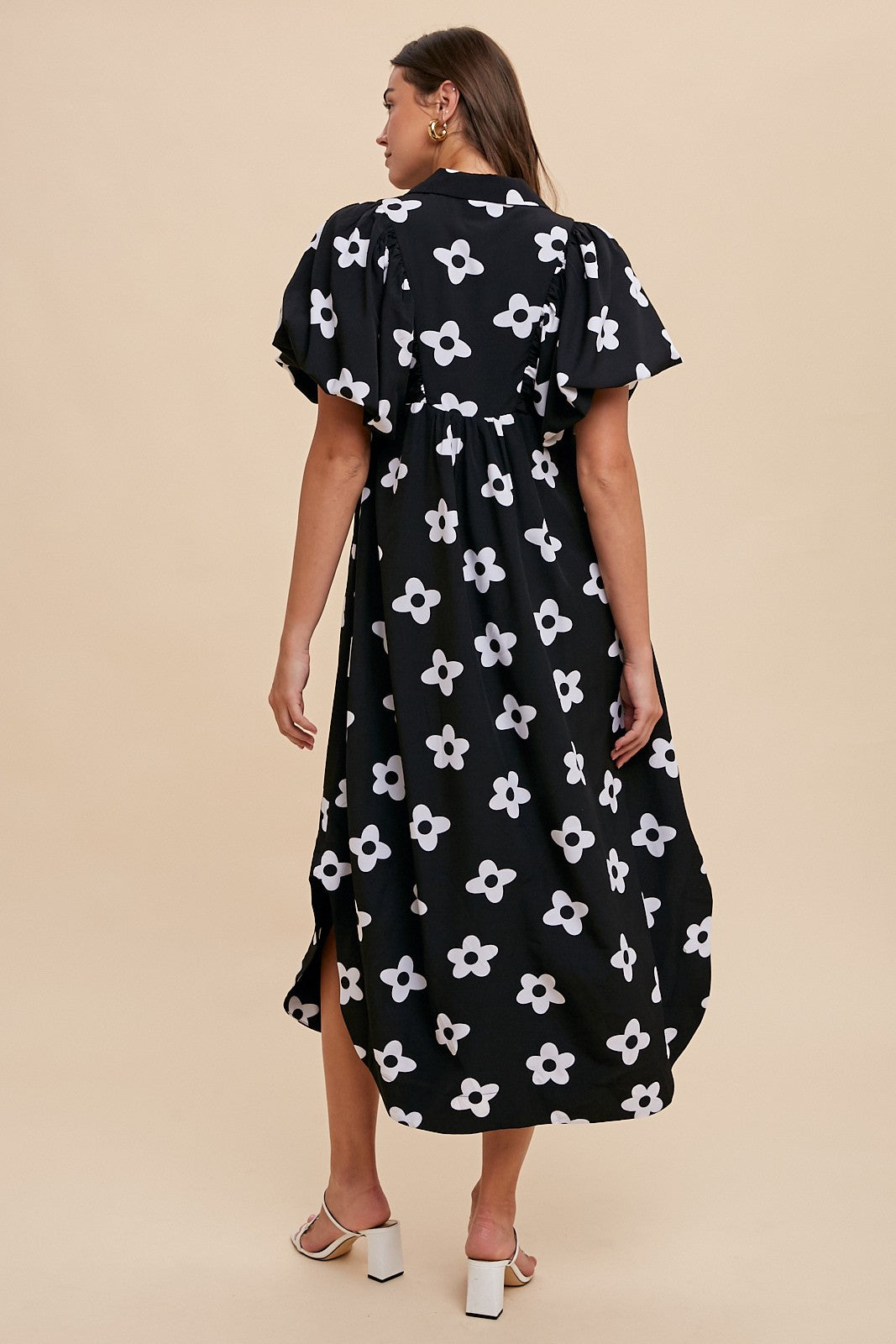 FLORAL PRINT SMOCK SHIRT STYLE MIDI DRESS