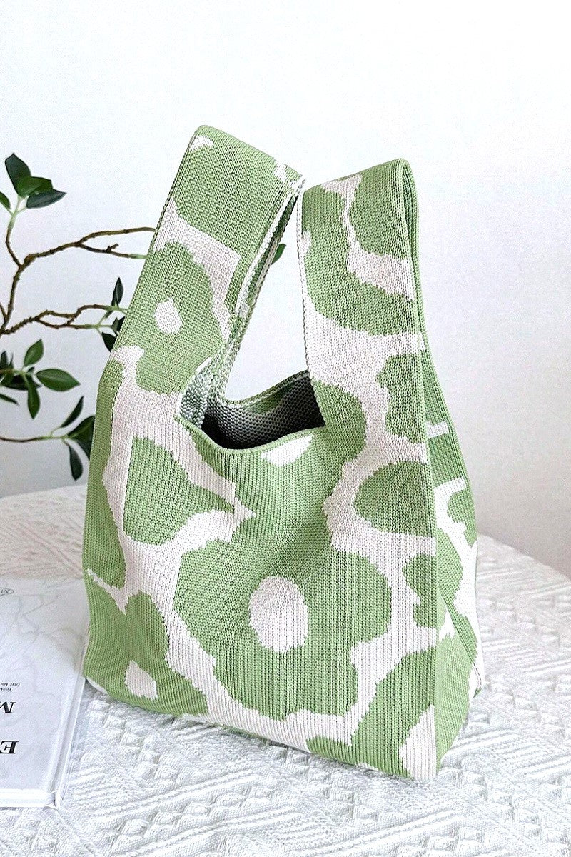 FLOWER KNITTED TOTE HANDBAG - GREEN