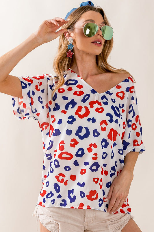 Patriotic Leopard V Neck Top