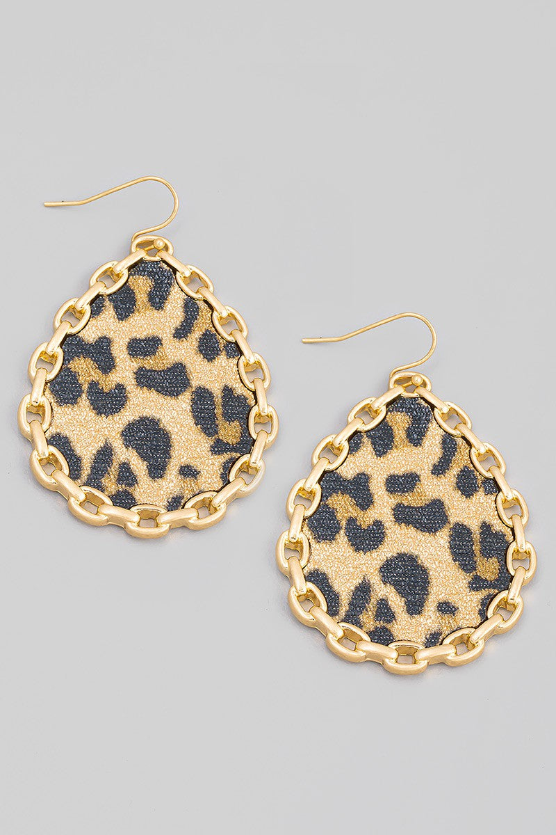 Faux Leather Chain Teardrop Earrings - LEOPARD