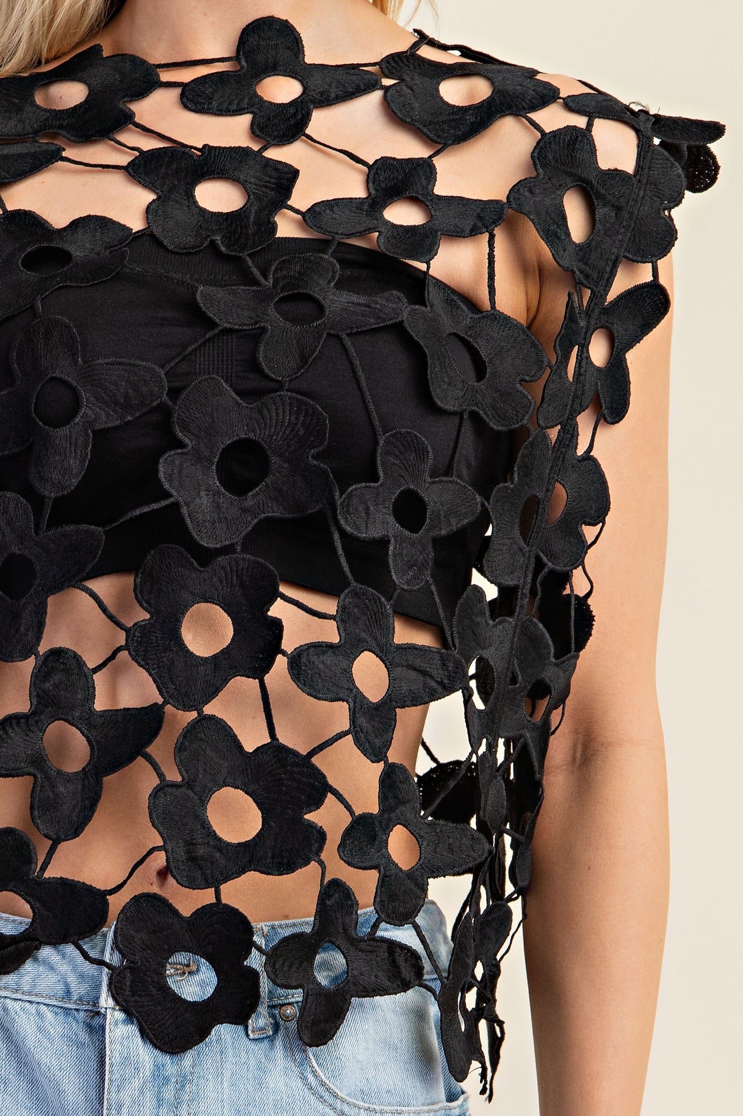 Floral Lace Vest Top BLACK