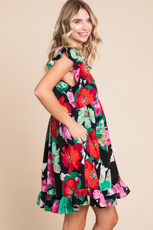 Mia Flower Ruffled Cap Shoulder Dress