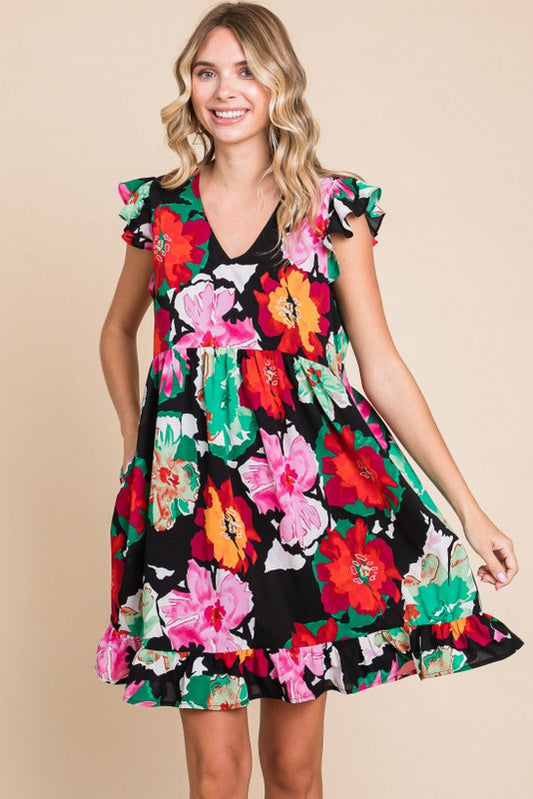 Mia Flower Ruffled Cap Shoulder Dress