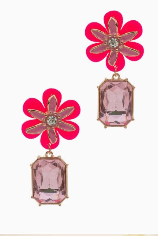 Flower Shaped Enamel Rhinestone Post Earrings Hot Pink