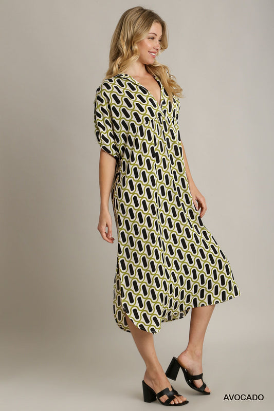 Geo Print Collared Dress Avocado