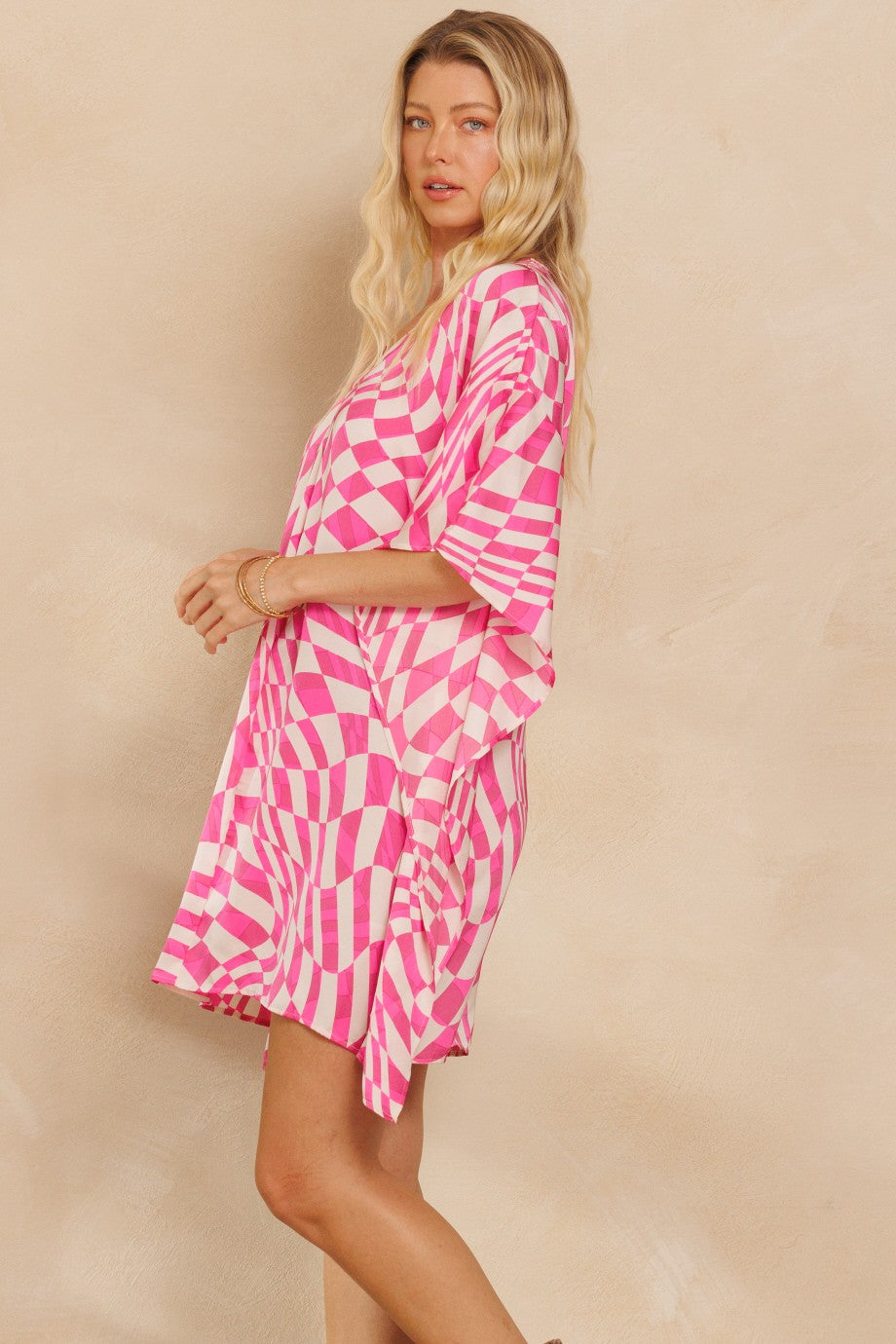 Geometric Checkered Pink Shift Dress