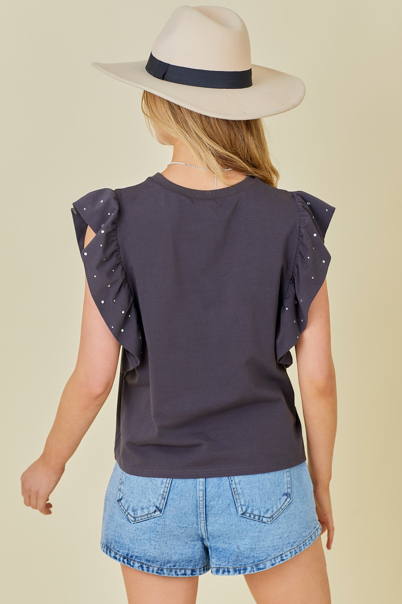 Rebel Print Rhinestone Ruffle Sleeve Top