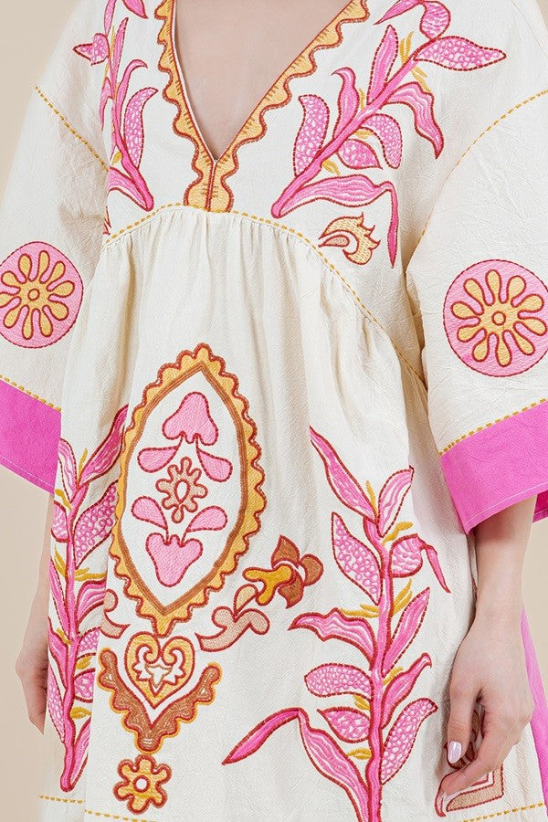 BOHO HOT PINK EMBROIDERY DRESS