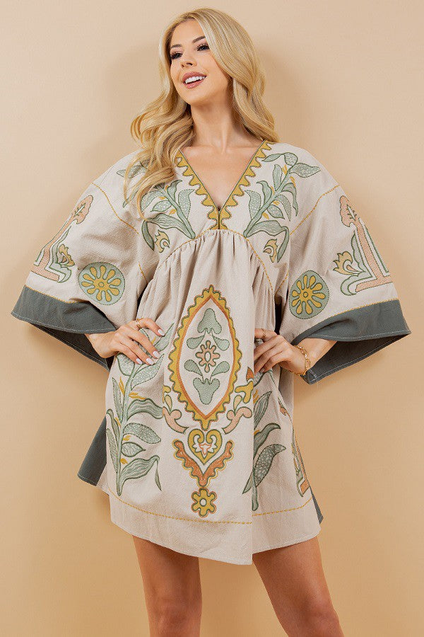 BOHO OLIVE EMBROIDERY DRESS