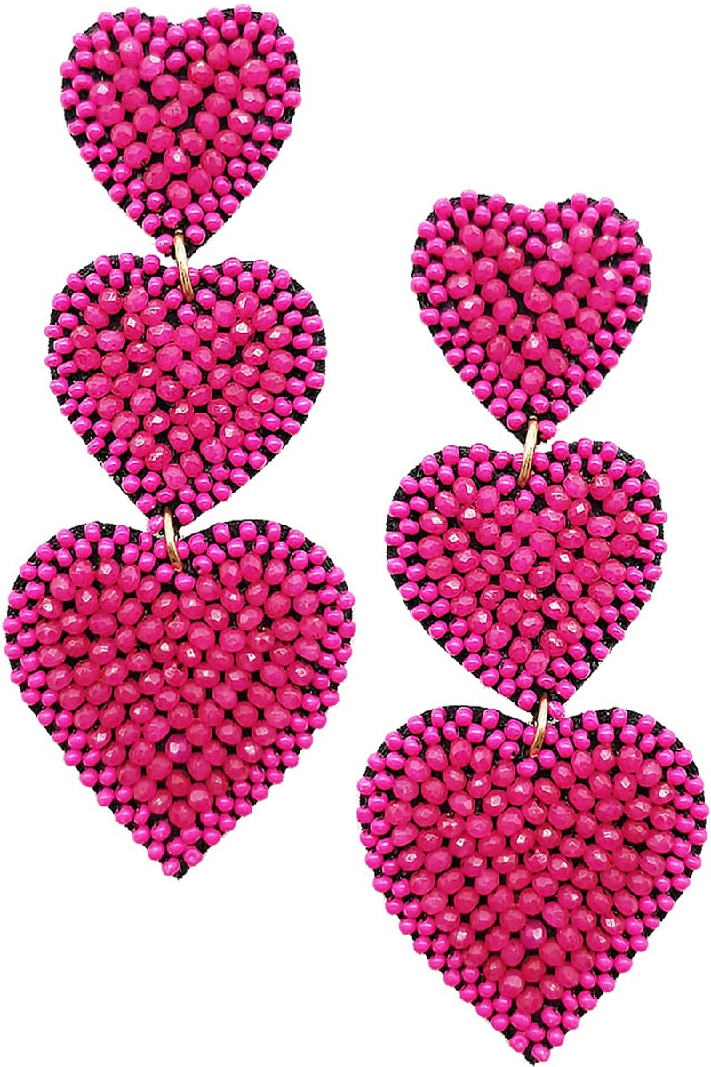 MULTI HEART PATTERN GLASS SEED BEADS EARRING FUCHSIA