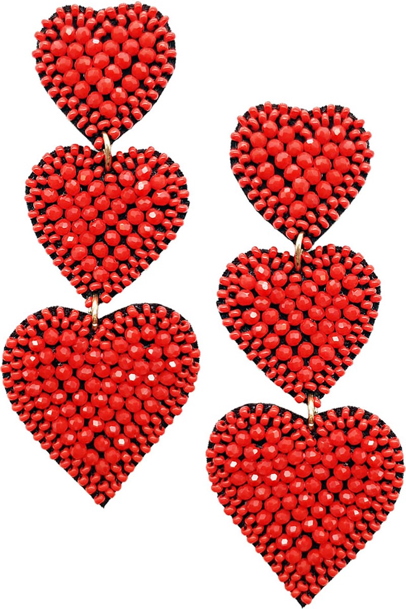 MULTI HEART PATTERN GLASS SEED BEADS EARRING RED