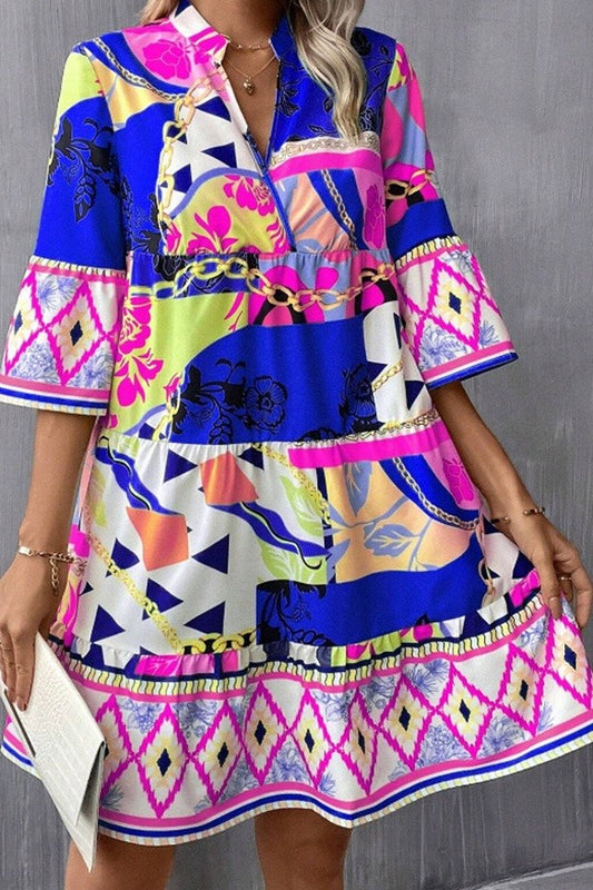 KAYLA MULTI PRINT SHORT SLEEVE TUNIC DRESS