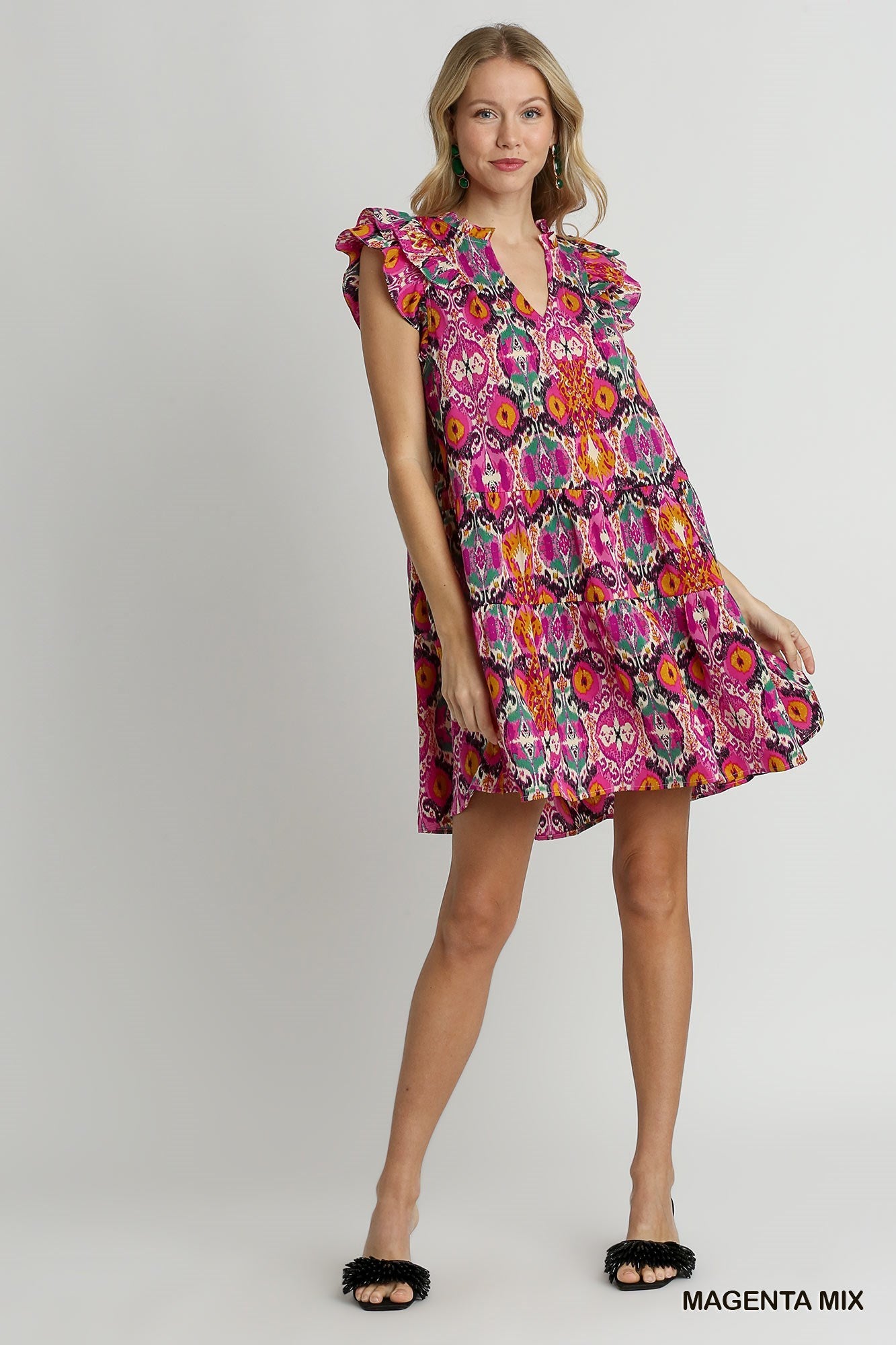 Magenta Magic Printed Ruffle Plunge Neckline Dress