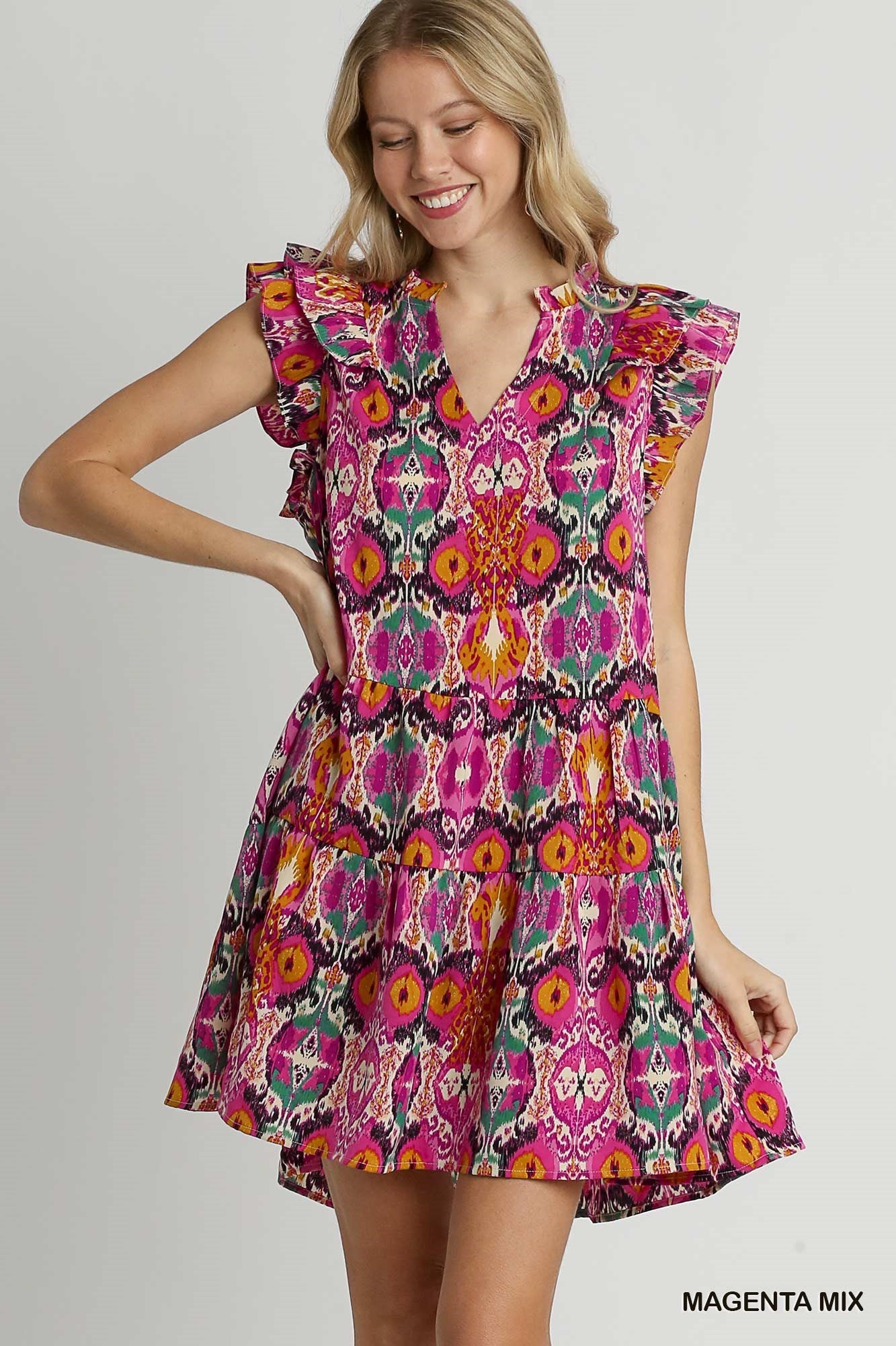 Magenta Magic Printed Ruffle Plunge Neckline Dress