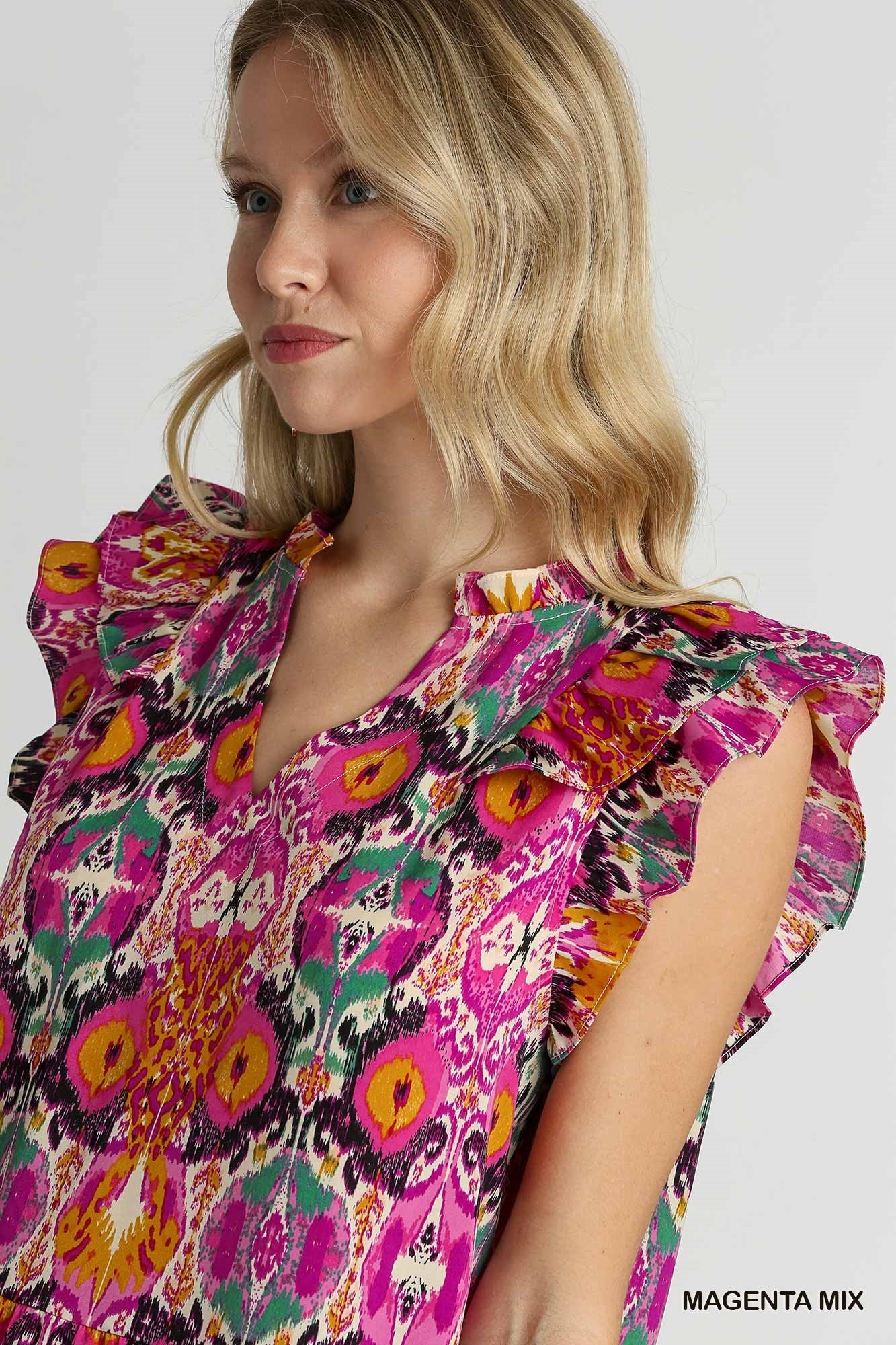 Magenta Magic Printed Ruffle Plunge Neckline Dress