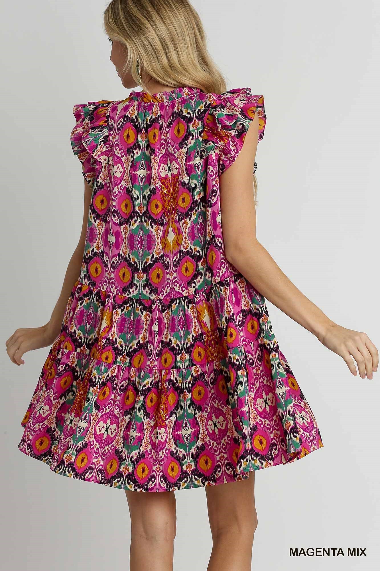 Magenta Magic Printed Ruffle Plunge Neckline Dress