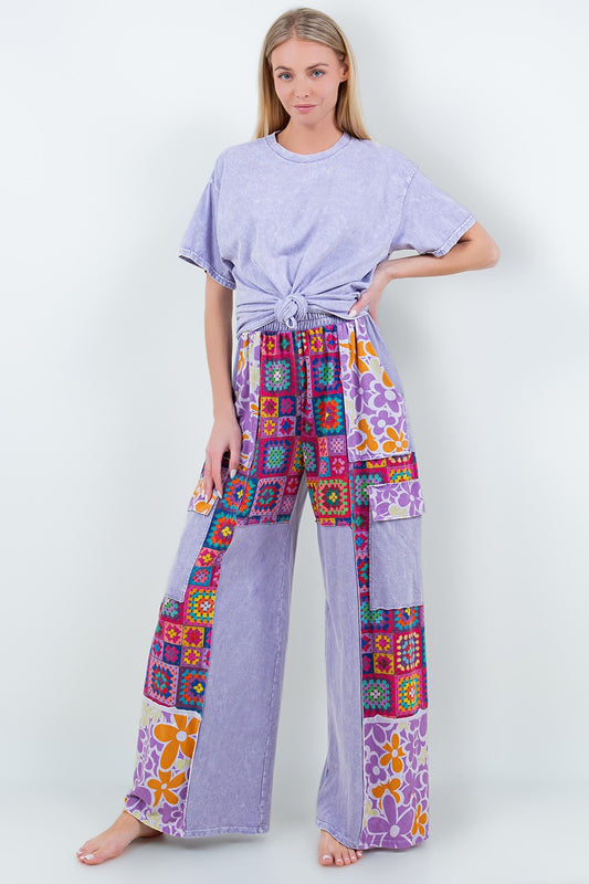 Mineral Wash Lavender Crochet Floral Printed Pants