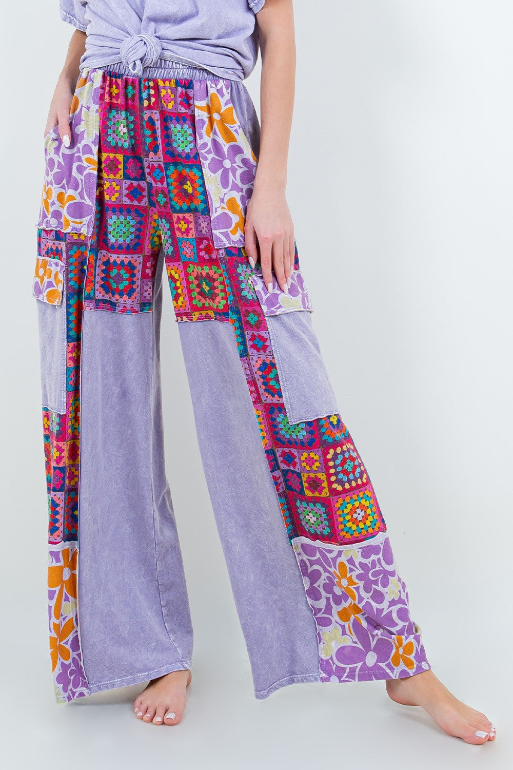 Mineral Wash Lavender Crochet Floral Printed Pants