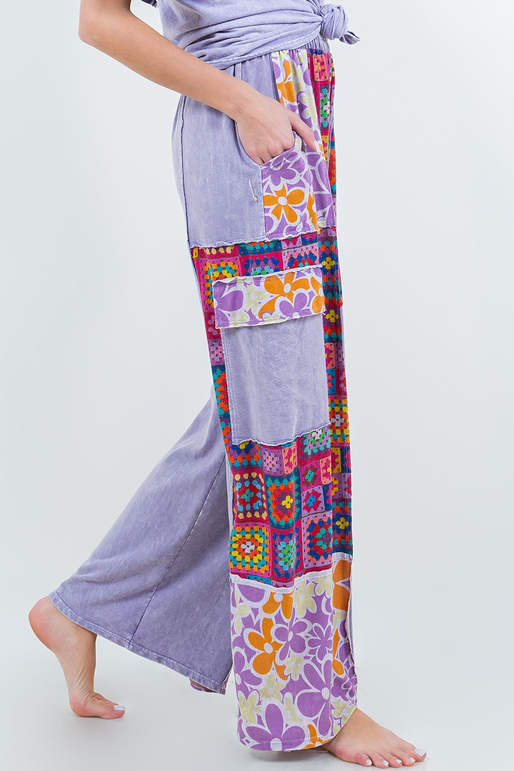 Mineral Wash Lavender Crochet Floral Printed Pants