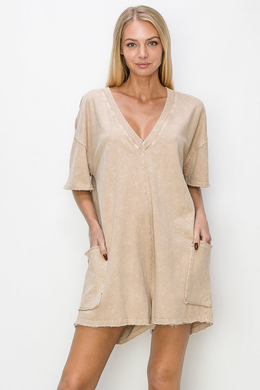 Mineral Wash Reversible Rompers - LATTE