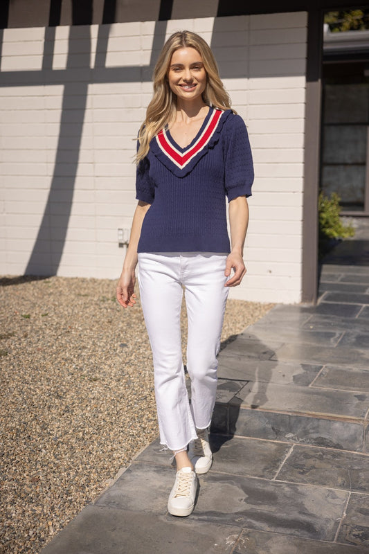 Multi Color Striped V Neck Sweater Top NAVY