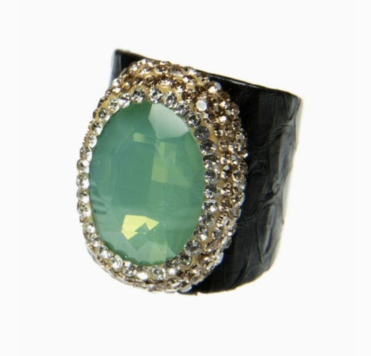 Opal Rhinestone Leather Rings GREEN #8