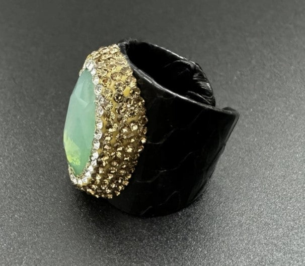 Opal Rhinestone Leather Rings GREEN #8