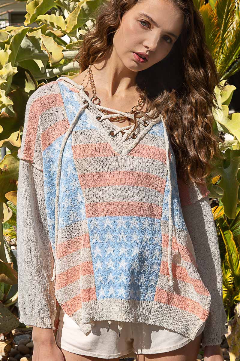Oversized Americana Tie Front Hooded Sweater
