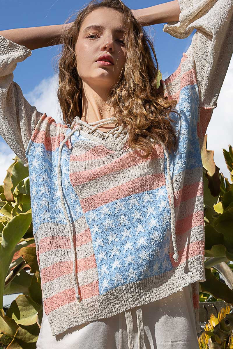 Oversized Americana Tie Front Hooded Sweater