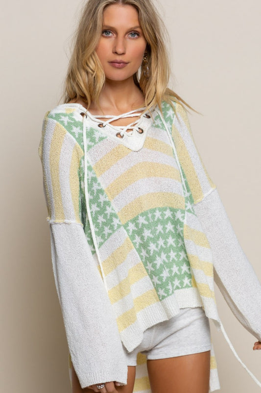 Oversized Americana Tie Front Hooded Sweater Neon Yellow/Green