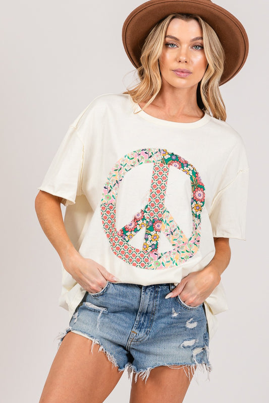 PEACE SIGN FLORAL APPLIQUE TOP