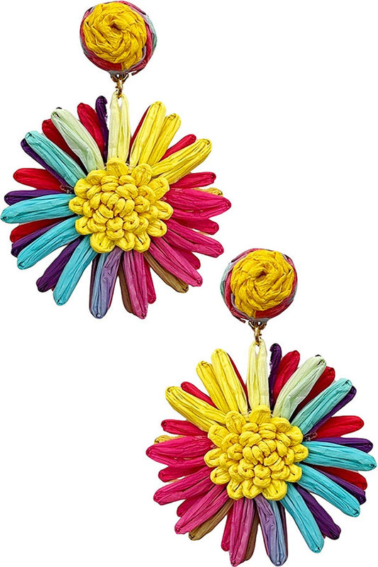 Pompom Ball Raffia Flower Post Earring