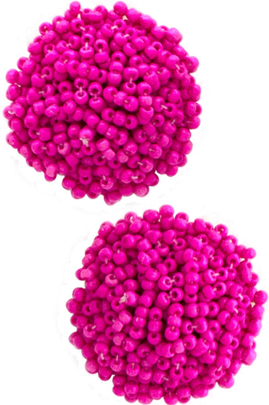 POM POM STYLE SEED BEADS STUD EARRING FUCHSIA