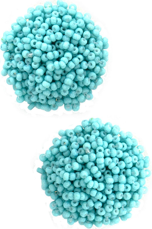 POM POM STYLE SEED BEADS STUD EARRING TURQUOISE