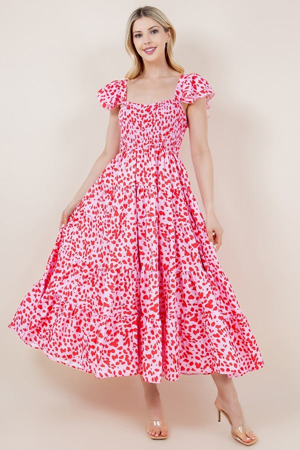 Dotty Printed Ruffle Sleeve Smocked Ruffle Dress