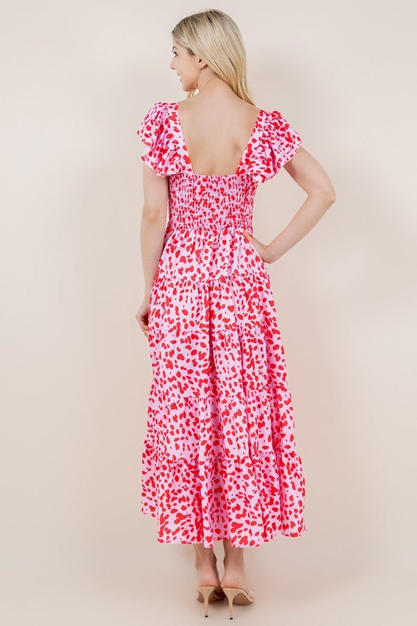 Dotty Printed Ruffle Sleeve Smocked Ruffle Dress