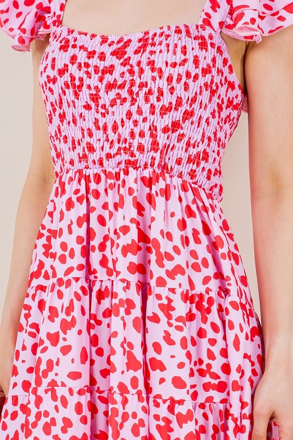 Dotty Printed Ruffle Sleeve Smocked Ruffle Dress