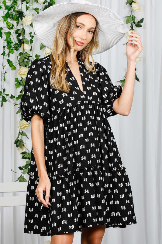 PUFF SHORT SLEEVE BOW PRINTED MINI DRESS